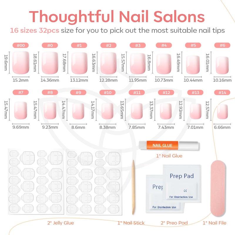 modelones Pink Ombre Press on Nails, Valentines Short Square Fake Nails, Reusable Nail Kit with Nail Glue Adhesive Tabs Mini Nail File, Nails Press Ons 32Pcs 16 Sizes, Women Girl Gift - Image 3